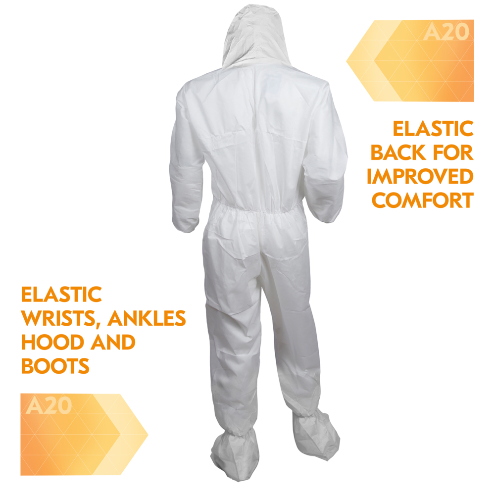 KleenGuard™ A20 Breathable Particle Protection Coveralls (49122), Zipper Front, Elastic Back, Wrists, Ankles, Hood & Boots, White, Reflex Design, Medium (Qty 24) - 49122