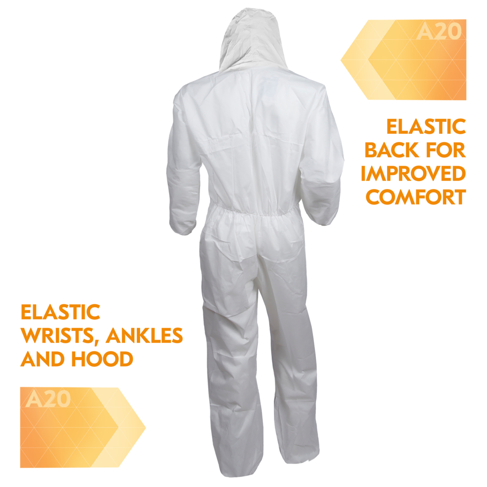 KleenGuard™ A20 Breathable Particle Protection Coveralls (49116), Zipper Front, Elastic Back, Wrists, Ankles & Hood, White, Reflex Design, 3XL (Qty 20) - 49116