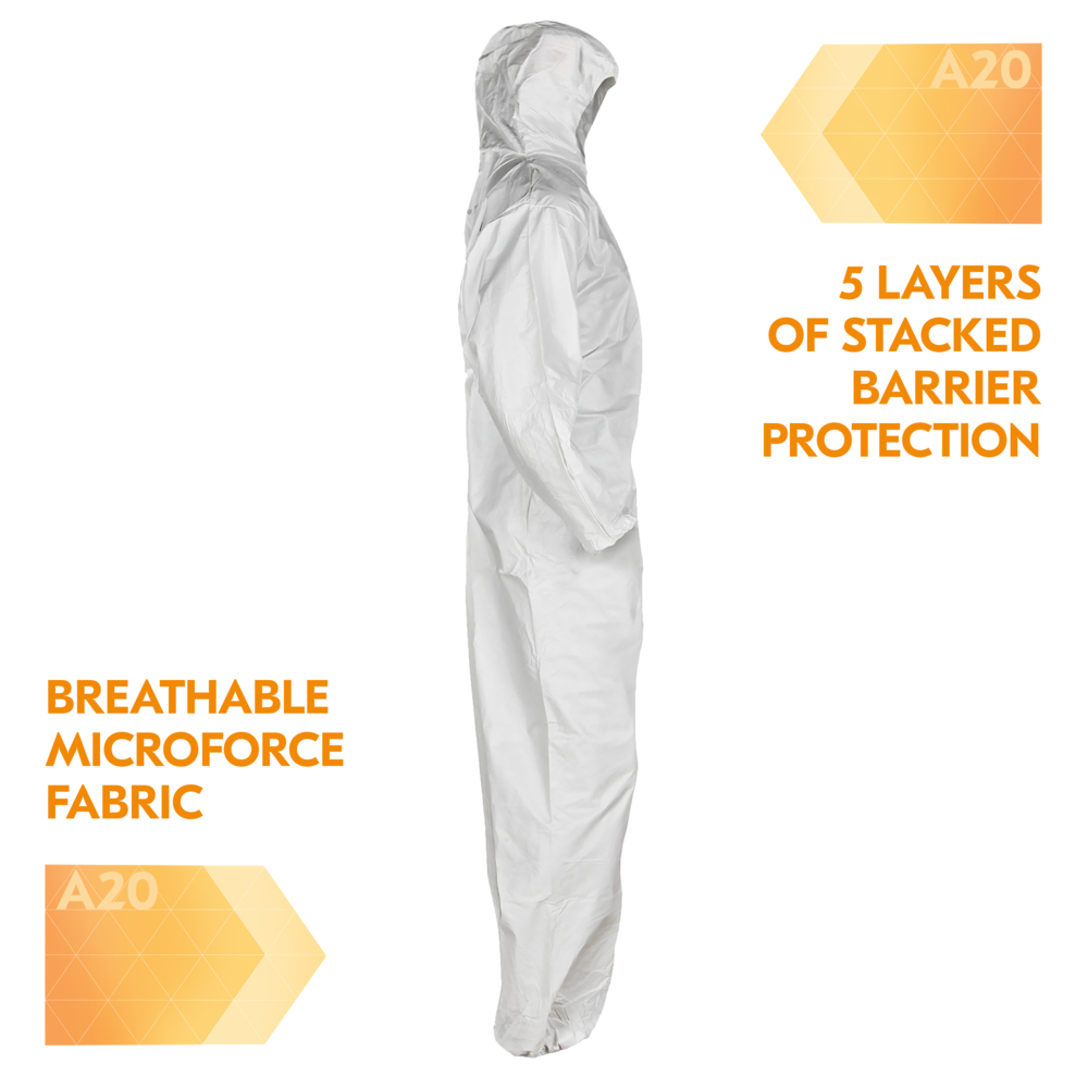 KleenGuard™ A20 Breathable Particle Protection Coveralls (49116), Zipper Front, Elastic Back, Wrists, Ankles & Hood, White, Reflex Design, 3XL (Qty 20) - 49116