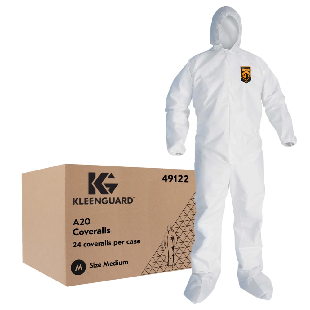 KleenGuard™ A20 Breathable Particle Protection Coveralls (49122), Zipper Front, Elastic Back, Wrists, Ankles, Hood & Boots, White, Reflex Design, Medium (Qty 24) - 49122