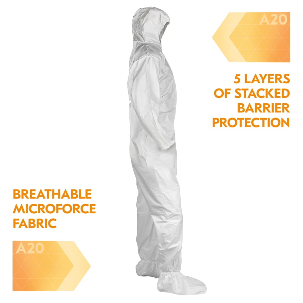 KleenGuard™ A20 Breathable Particle Protection Coveralls (49123), Zipper Front, Elastic Back, Wrists, Ankles, Hood & Boots, White, Reflex Design, Large (Qty 24) - 49123