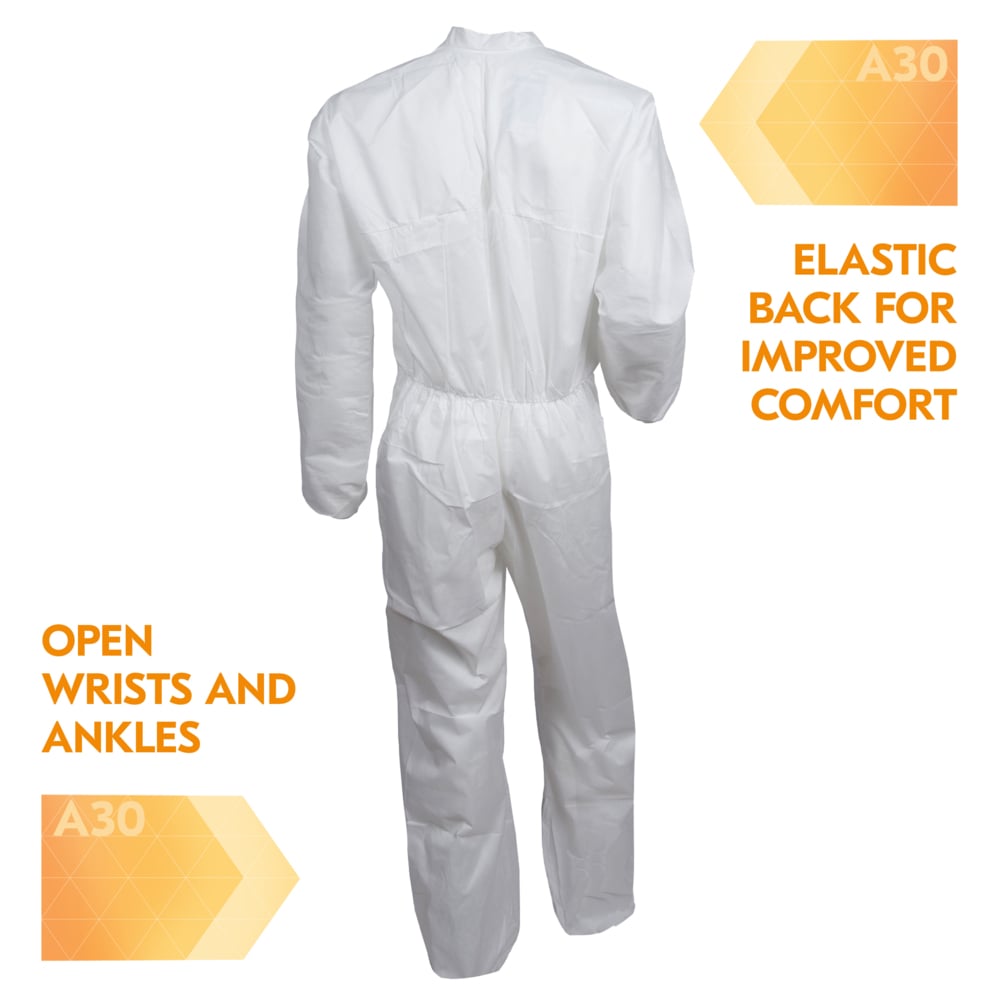 KleenGuard™ A30 Breathable Splash & Particle Protection Coveralls (46002), Zipper Front with Elastic Back, White, Reflex Design, Medium (Qty 25) - 46002