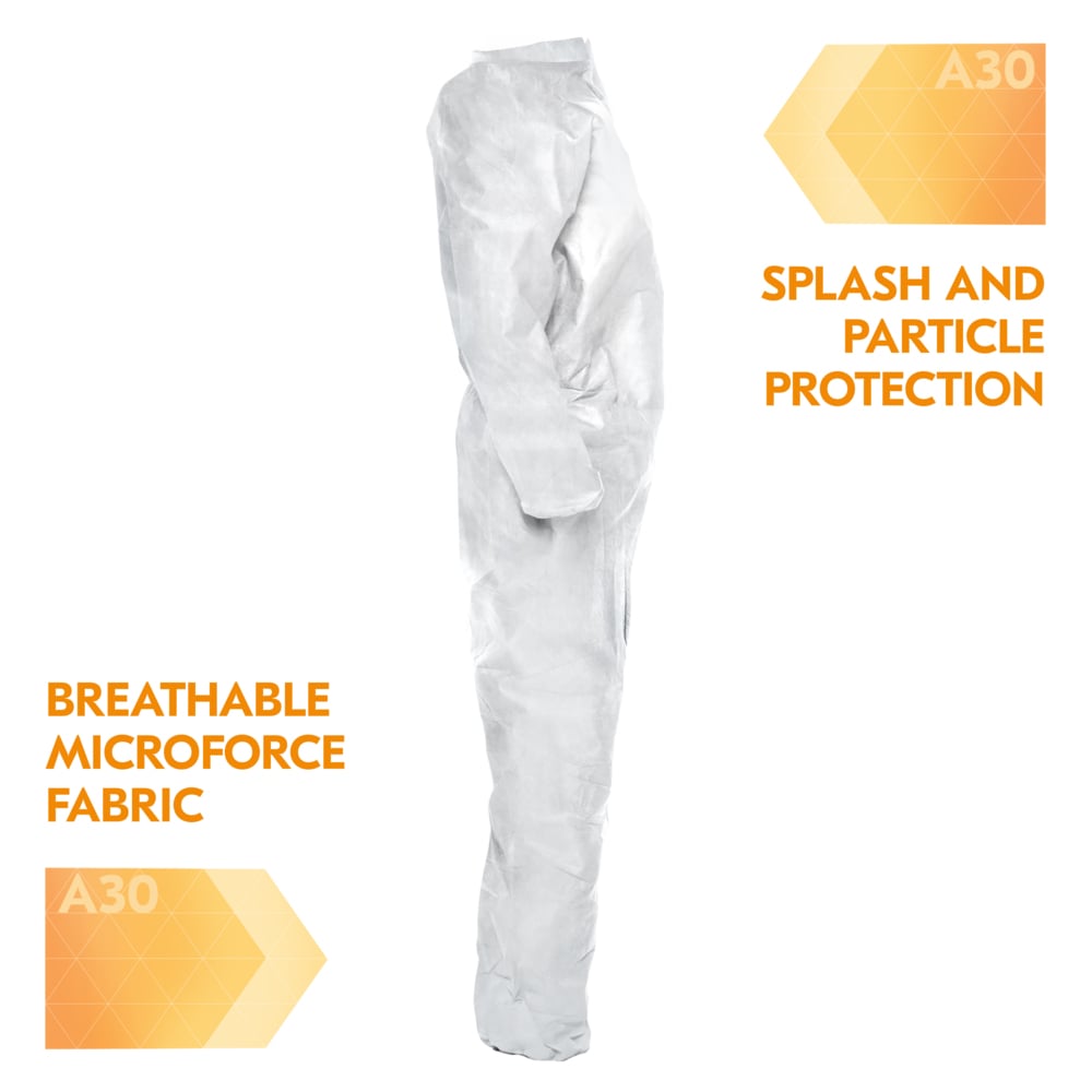 KleenGuard™ A30 Breathable Splash & Particle Protection Coveralls (46002), Zipper Front with Elastic Back, White, Reflex Design, Medium (Qty 25) - 46002