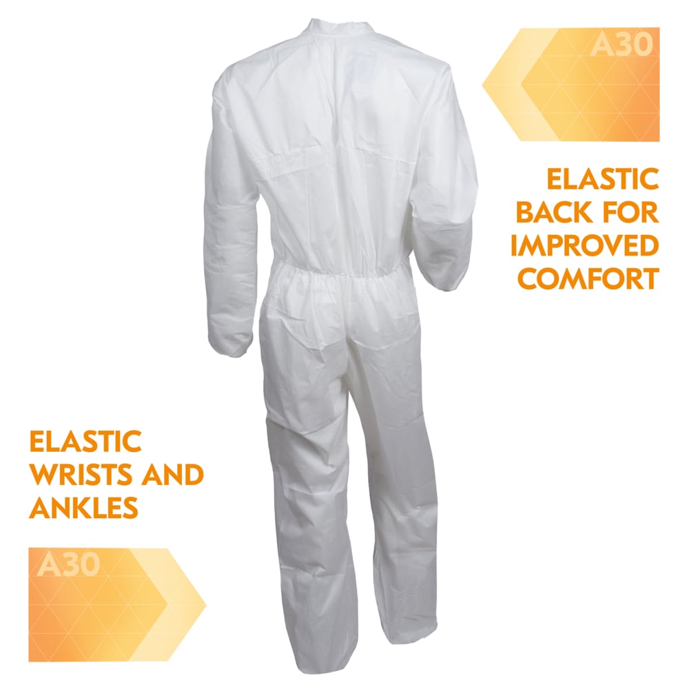 KleenGuard™ A30 Breathable Splash & Particle Protection Coveralls (46104), Zipper Front, Elastic Back, Wrists & Ankles, White, Reflex Design, XL (Qty 25) - 46104