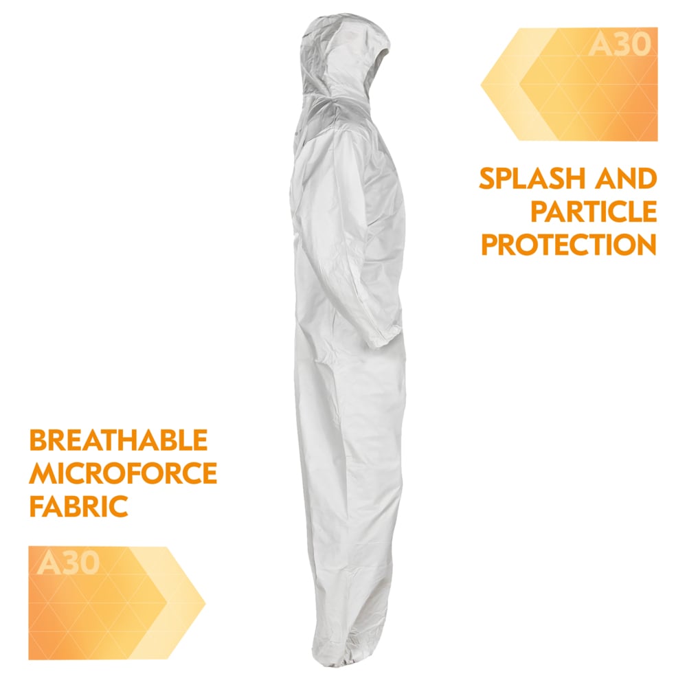 KleenGuard™ A30 Breathable Splash & Particle Protection Coveralls (46116), Zipper Front, Elastic Back, Wrists, Ankles & Hood, White, Reflex Design, 3XL (Qty 21) - 46116