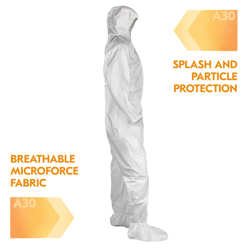 KleenGuard™ A30 Breathable Splash & Particle Protection Coveralls (46124), Zipper Front, Elastic Back, Wrists, Ankles, Hood & Boots, White, Reflex Design, XL (Qty 25) - 46124