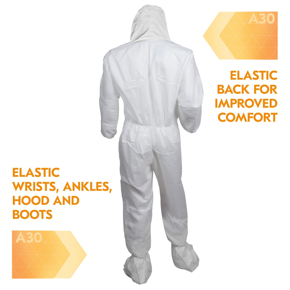 KleenGuard™ A30 Breathable Splash & Particle Protection Coveralls (46124), Zipper Front, Elastic Back, Wrists, Ankles, Hood & Boots, White, Reflex Design, XL (Qty 25) - 46124