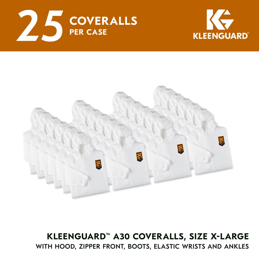 KleenGuard™ A30 Breathable Splash & Particle Protection Coveralls (46124), Zipper Front, Elastic Back, Wrists, Ankles, Hood & Boots, White, Reflex Design, XL (Qty 25) - 46124