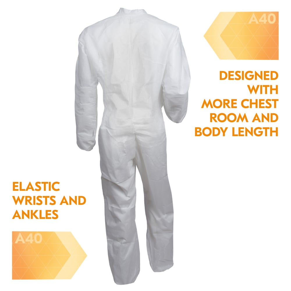 KleenGuard™ A40 Liquid & Particle Protection Coveralls (30905), Zipper Front, Elastic Wrists & Ankles, White, Reflex Design, Small (Qty 25) - 30905