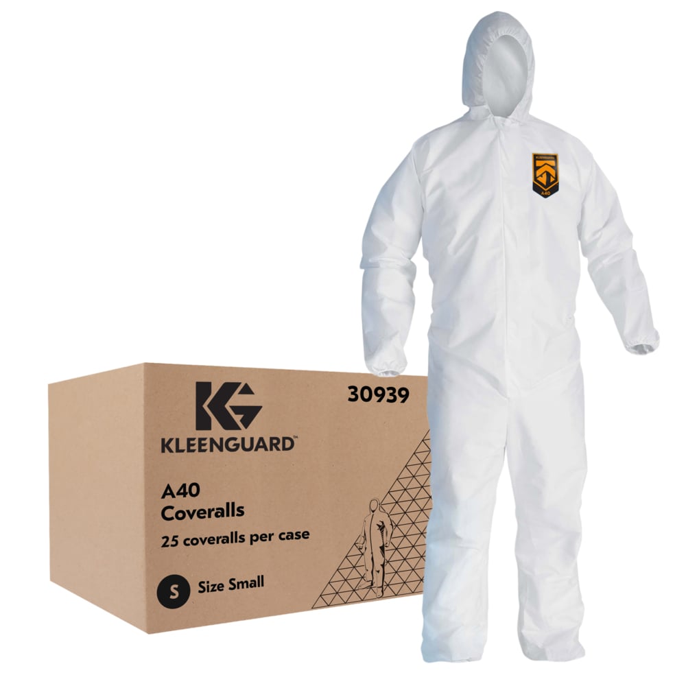 KleenGuard™ A40 Liquid & Particle Protection Coveralls (30939), Zipper Front, Elastic Wrists, Ankles & Hood, White, Reflex Design, Small (Qty 25) - 30939