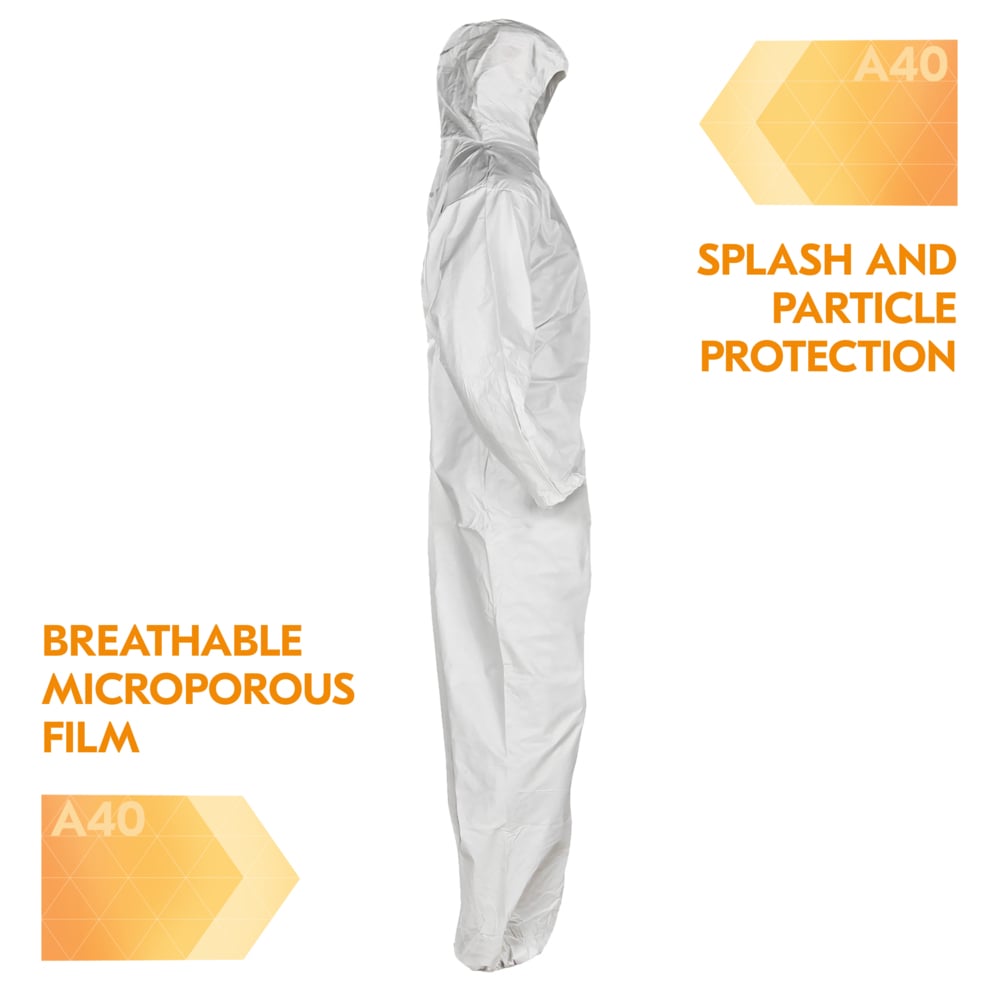 KleenGuard™ A40 Liquid & Particle Protection Coveralls (30939), Zipper Front, Elastic Wrists, Ankles & Hood, White, Reflex Design, Small (Qty 25) - 30939