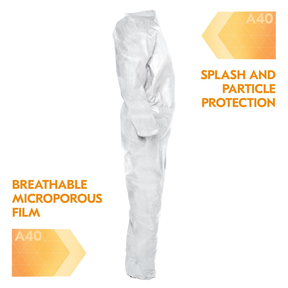 KleenGuard™ A40 Liquid & Particle Protection Coveralls (30905), Zipper Front, Elastic Wrists & Ankles, White, Reflex Design, Small (Qty 25) - 30905