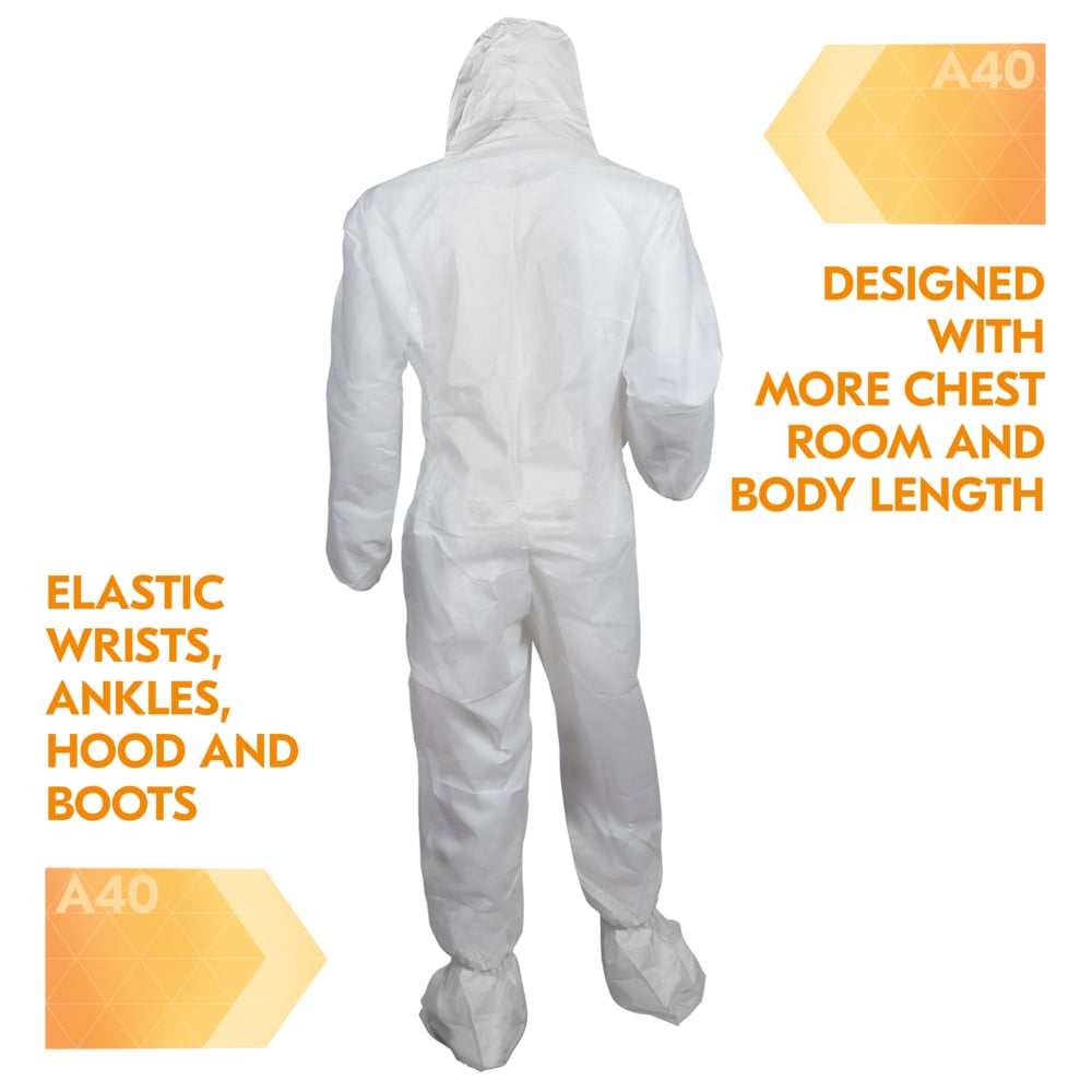 KleenGuard™ A40 Liquid & Particle Protection Coveralls (30940), Zipper Front, Elastic Wrists, Ankles, Hood & Boots, White, Reflex Design, Small (Qty 25) - 30940