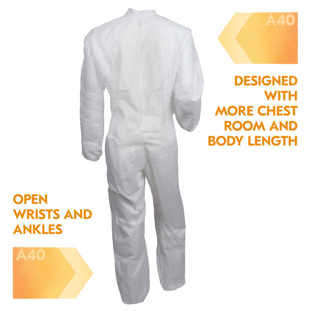 KleenGuard™ A40 Liquid & Particle Protection Coveralls (37685), Zipper Front, White, Reflex Design, Large (Qty 25) - 37685