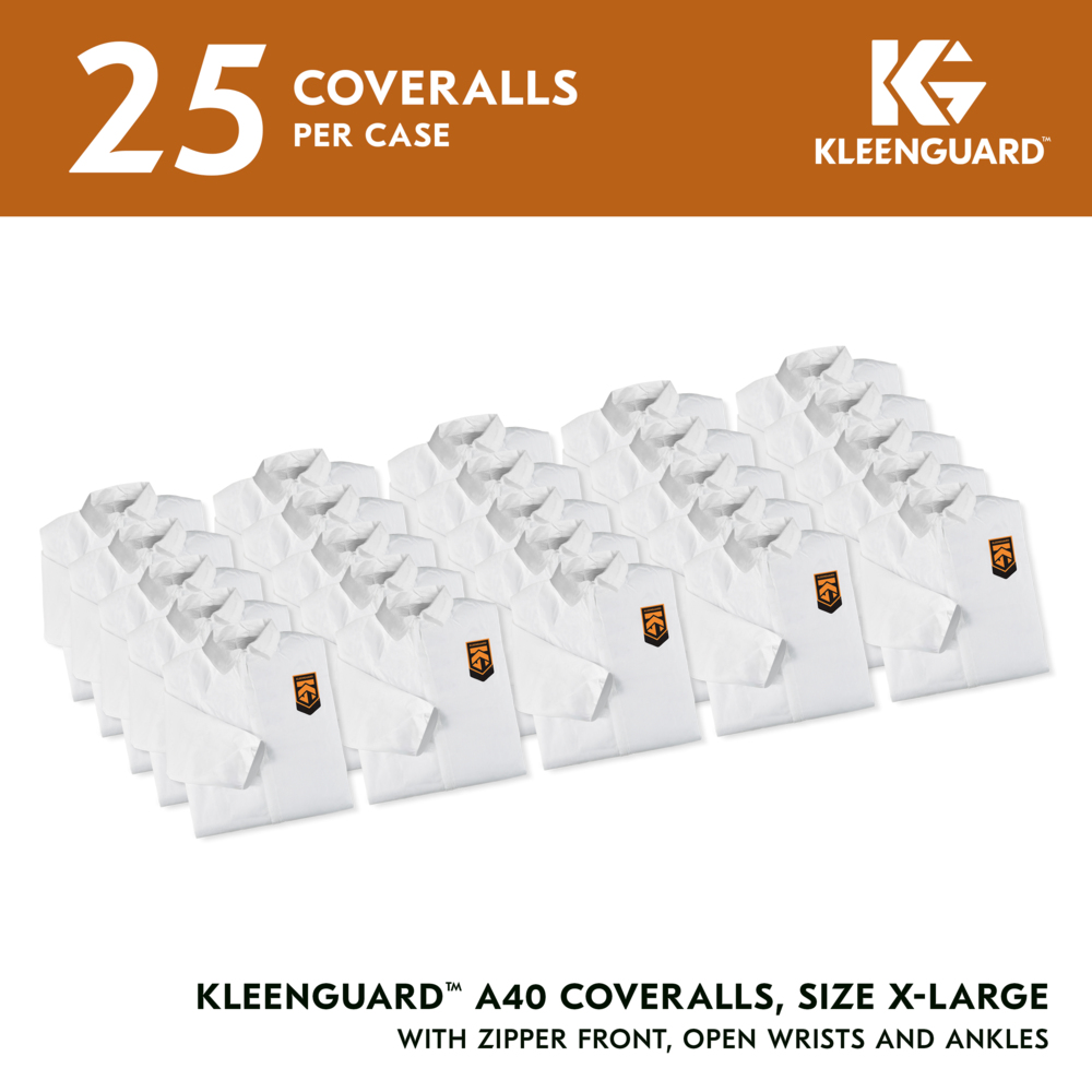 KleenGuard™ A40 Liquid & Particle Protection Coveralls (37686), Zipper Front, White, Reflex Design, XL (Qty 25) - 37686