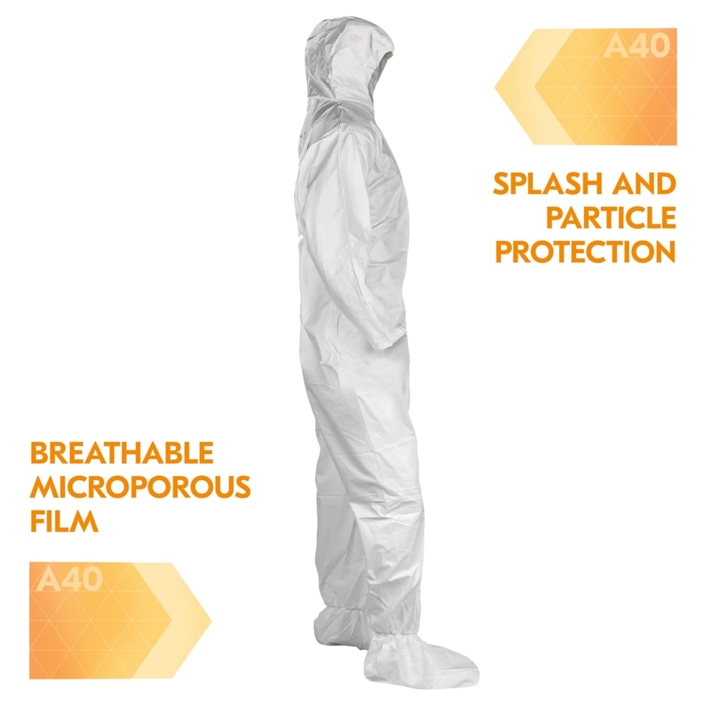 KleenGuard™ A40 Liquid & Particle Protection Coveralls (30940), Zipper Front, Elastic Wrists, Ankles, Hood & Boots, White, Reflex Design, Small (Qty 25) - 30940