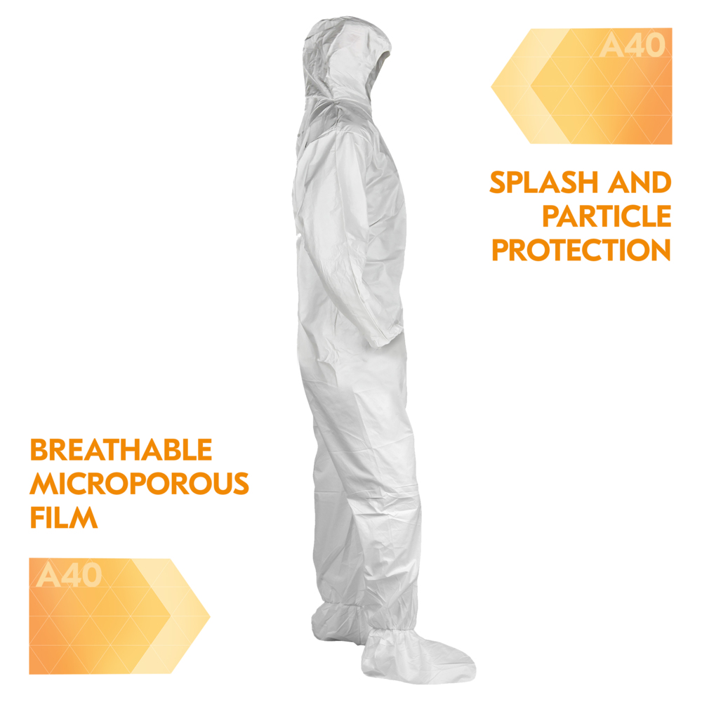 KleenGuard™ A40 Liquid & Particle Protection Coveralls (30907), Zipper Front, Elastic Wrists, Ankles, Hood & Boots, White, Reflex Design, 5XL (Qty 25) - 30907