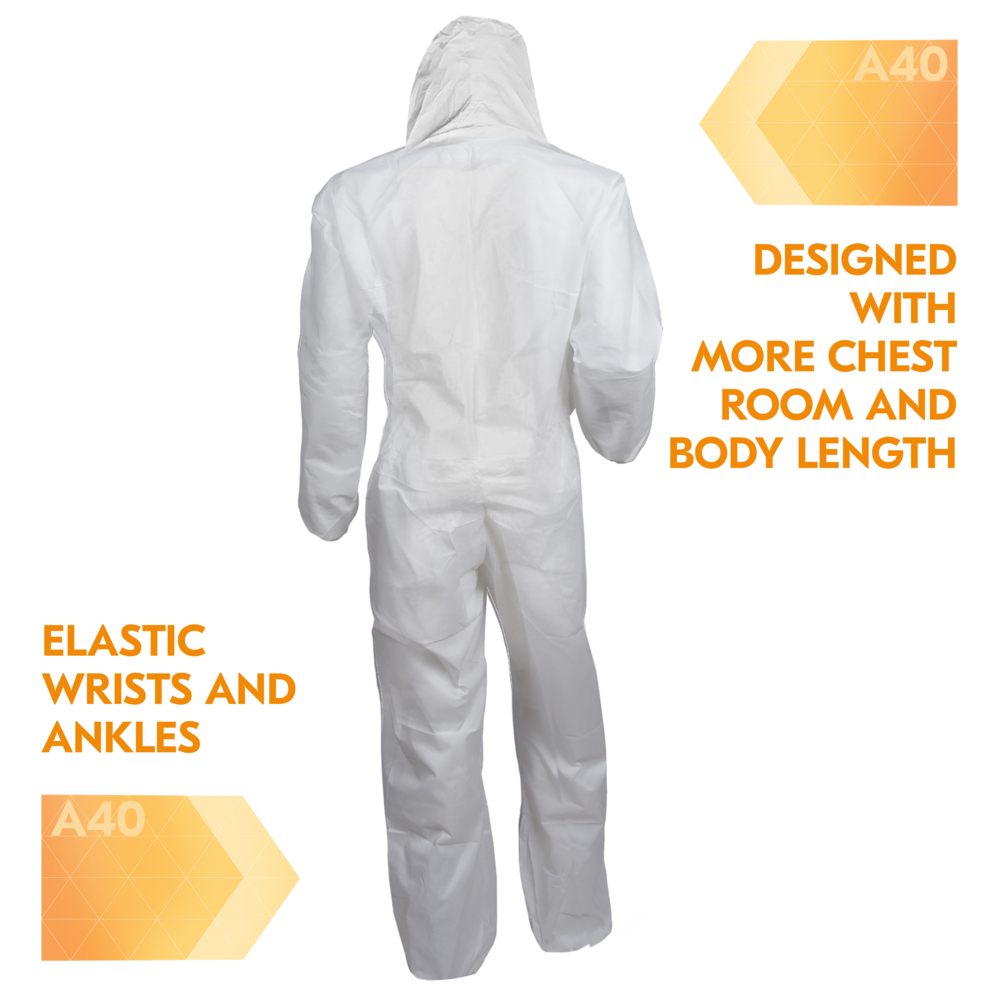 KleenGuard™ A40 Liquid & Particle Protection Coveralls (30921), Zipper Front, Elastic Wrists, Ankles & Hood, White, Reflex Design, 6XL (Qty 25) - 30921