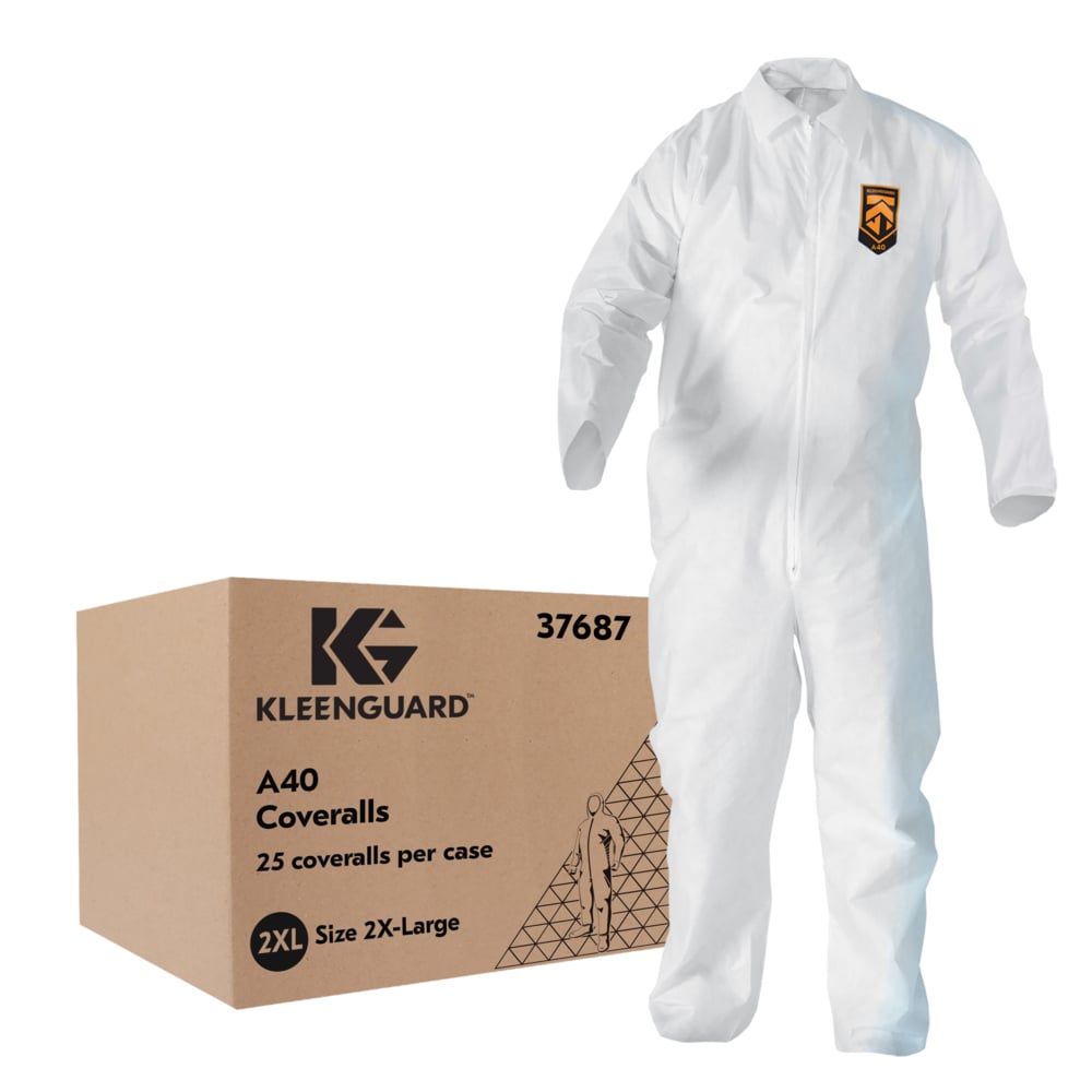 KleenGuard™ A40 Liquid & Particle Protection Coveralls (37687), Zipper Front, White, Reflex Design, 2XL (Qty 25) - 37687