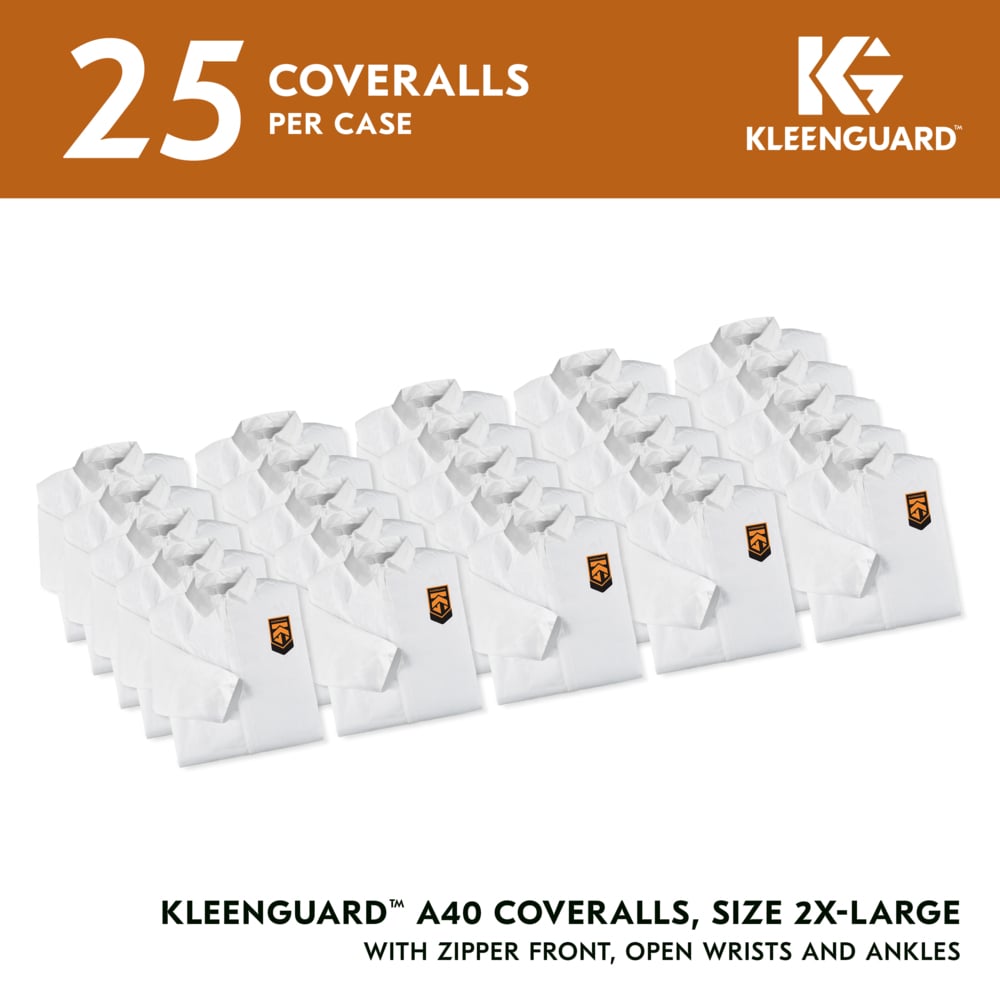 KleenGuard™ A40 Liquid & Particle Protection Coveralls (37687), Zipper Front, White, Reflex Design, 2XL (Qty 25) - 37687