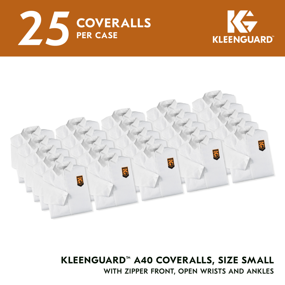 KleenGuard™ A40 Liquid & Particle Protection Coveralls (42568), Zipper Front, White, Reflex Design, Small (Qty 25) - 42568