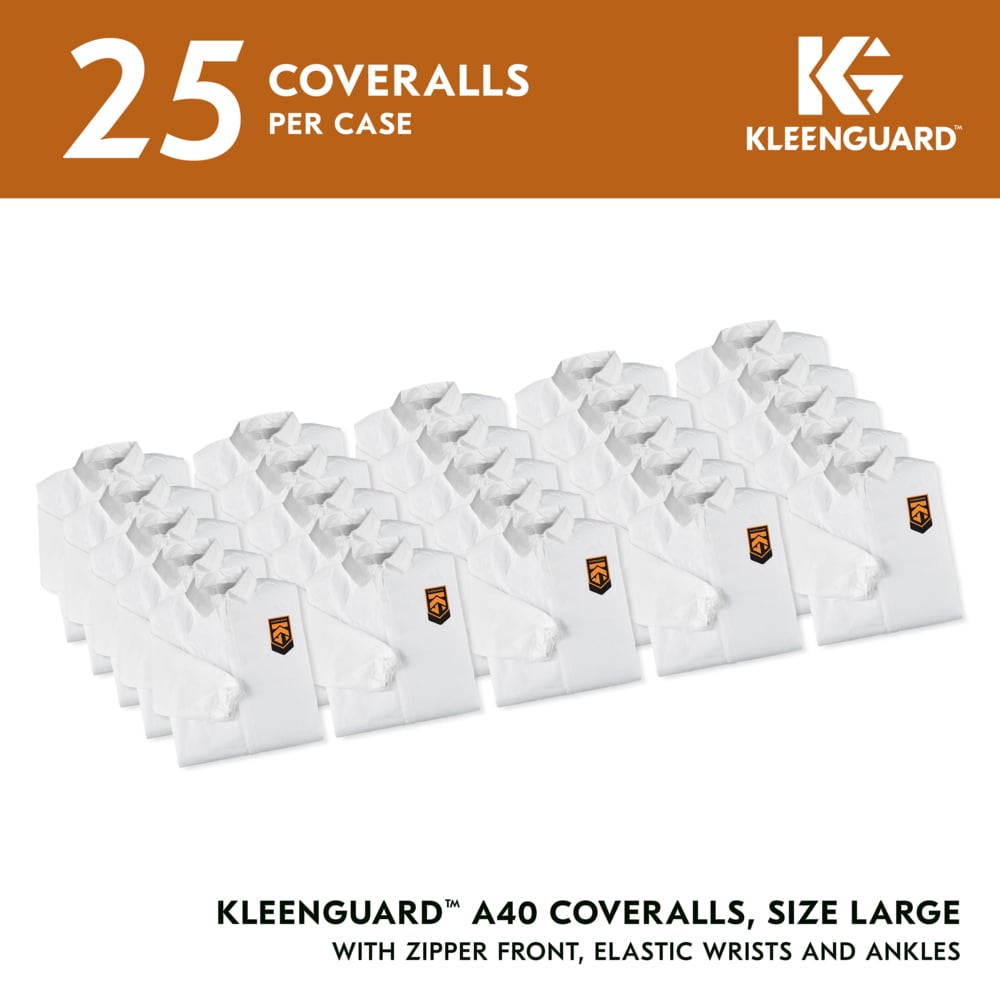 KleenGuard™ A40 Liquid & Particle Protection Coveralls (44313), Zipper Front, Elastic Wrists & Ankles, White, Reflex Design, Large (Qty 25) - 44313