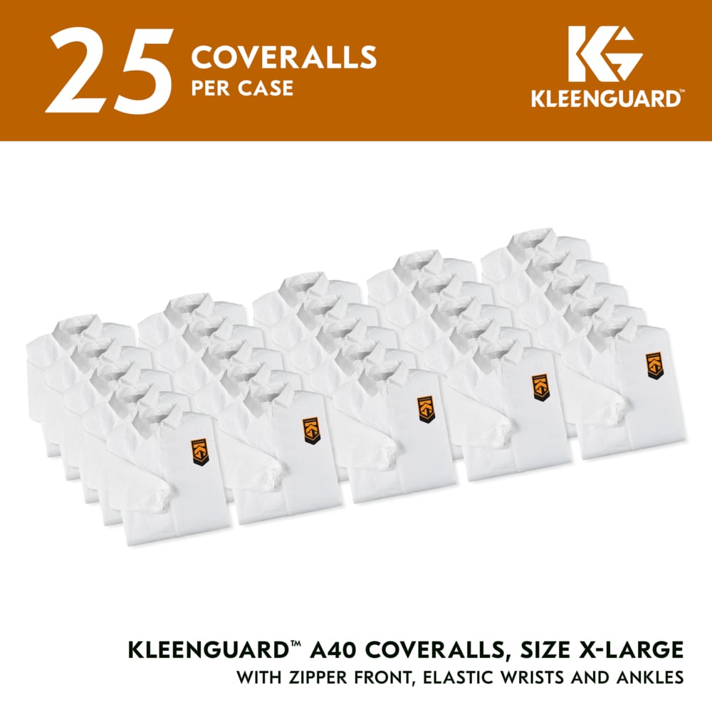 KleenGuard™ A40 Liquid & Particle Protection Coveralls (44314), Zipper Front, Elastic Wrists & Ankles, White, Reflex Design, XL (Qty 25) - 44314