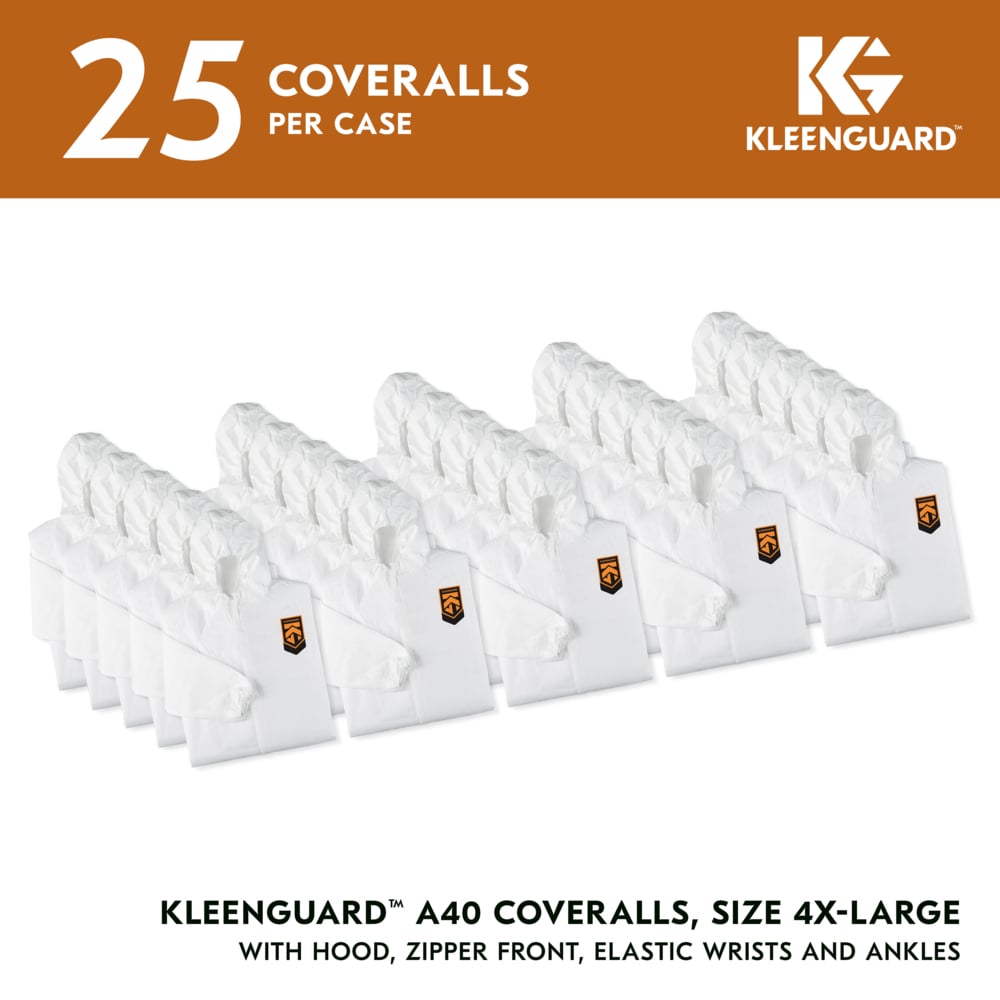 KleenGuard™ A40 Liquid & Particle Protection Coveralls (44327), Zipper Front, Elastic Wrists, Ankles & Hood, White, Reflex Design, 4XL (Qty 25) - 44327