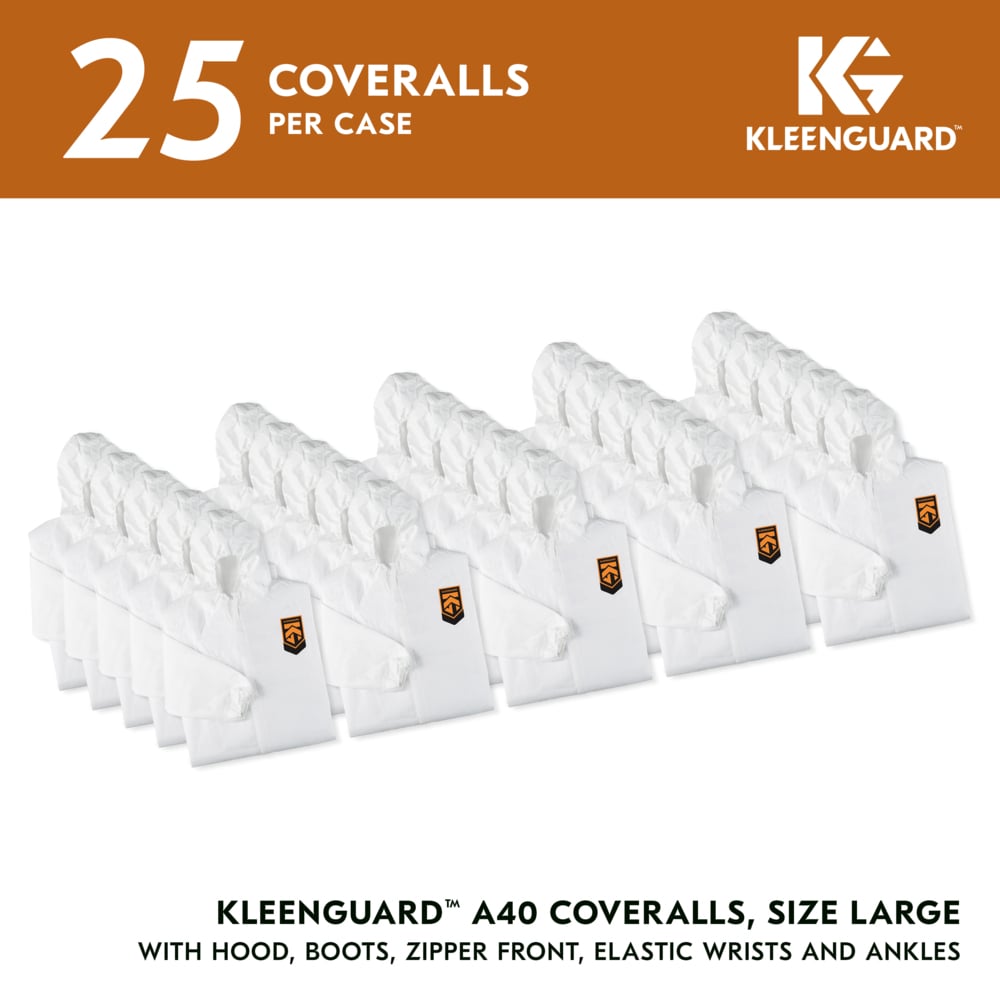 KleenGuard™ A40 Liquid & Particle Protection Coveralls (44333), Zipper Front, Elastic Wrists, Ankles, Hood & Boots, White, Reflex Design, Large (Qty 25) - 44333