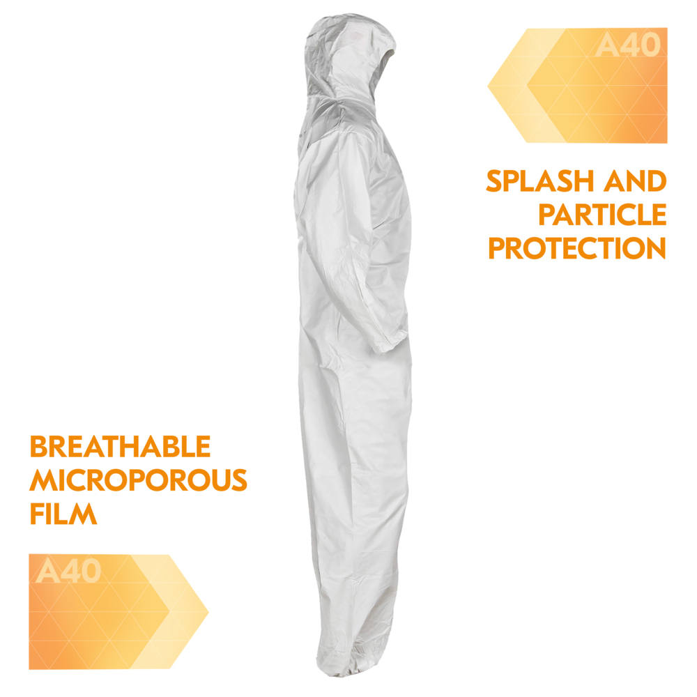 KleenGuard™ A40 Liquid & Particle Protection Coveralls (44326), Zipper Front, Elastic Wrists, Ankles & Hood, White, Reflex Design, 3XL (Qty 25) - 44326