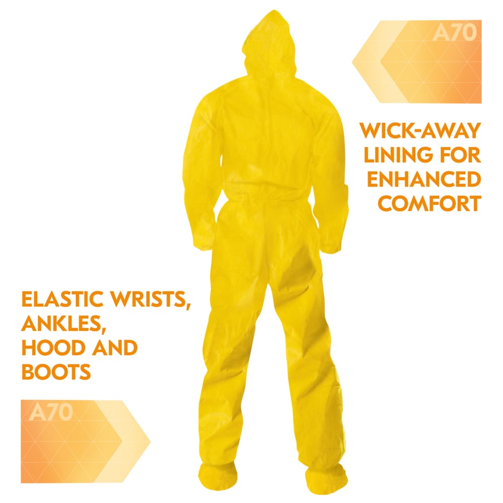 KleenGuard™ A70 Chemical Spray Protection Coveralls (00682), Zipper Front, Storm Flap, Elastic Wrists, Ankles, Hood & Boots, Yellow, Reflex Design, Medium (Qty 12) - 00682