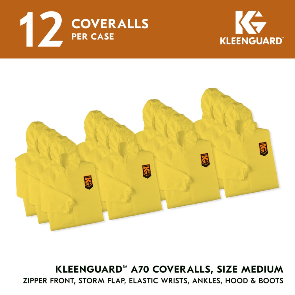 KleenGuard™ A70 Chemical Spray Protection Coveralls (00682), Zipper Front, Storm Flap, Elastic Wrists, Ankles, Hood & Boots, Yellow, Reflex Design, Medium (Qty 12) - 00682