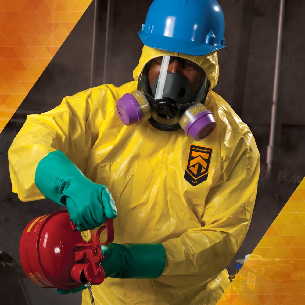 KleenGuard™ A70 Chemical Spray Protection Coveralls (00682), Zipper Front, Storm Flap, Elastic Wrists, Ankles, Hood & Boots, Yellow, Reflex Design, Medium (Qty 12) - 00682