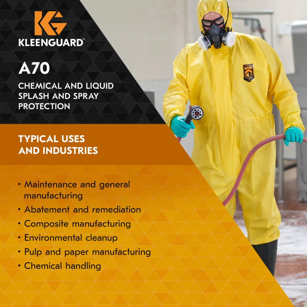 KleenGuard™ A70 Chemical Spray Protection Coveralls (00682), Zipper Front, Storm Flap, Elastic Wrists, Ankles, Hood & Boots, Yellow, Reflex Design, Medium (Qty 12) - 00682