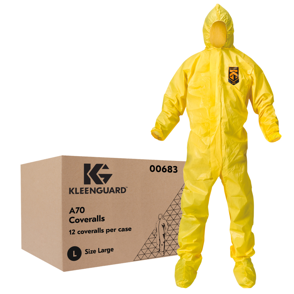 KleenGuard™ A70 Chemical Spray Protection Coveralls (00683), Zipper Front, Storm Flap, Elastic Wrists, Ankles, Hood & Boots, Yellow, Reflex Design, Large (Qty 12) - 00683