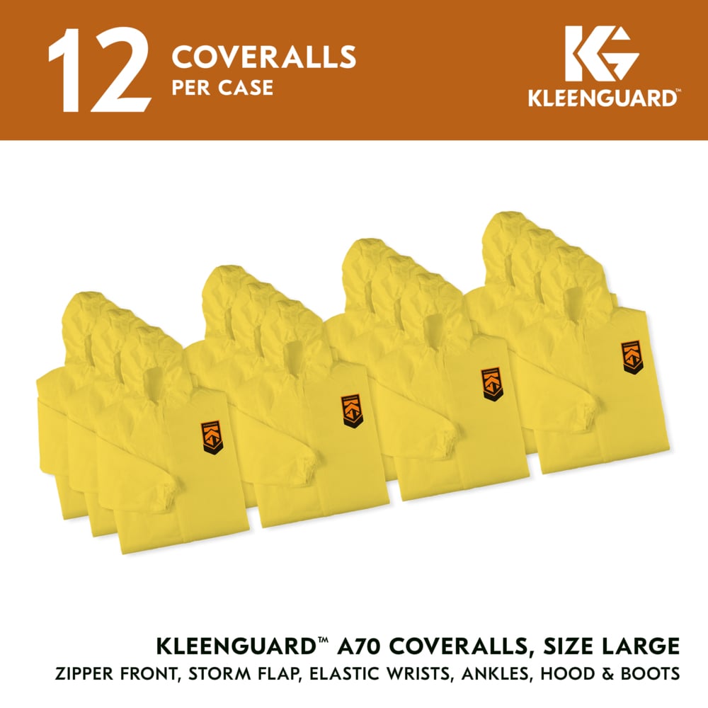 KleenGuard™ A70 Chemical Spray Protection Coveralls (00683), Zipper Front, Storm Flap, Elastic Wrists, Ankles, Hood & Boots, Yellow, Reflex Design, Large (Qty 12) - 00683