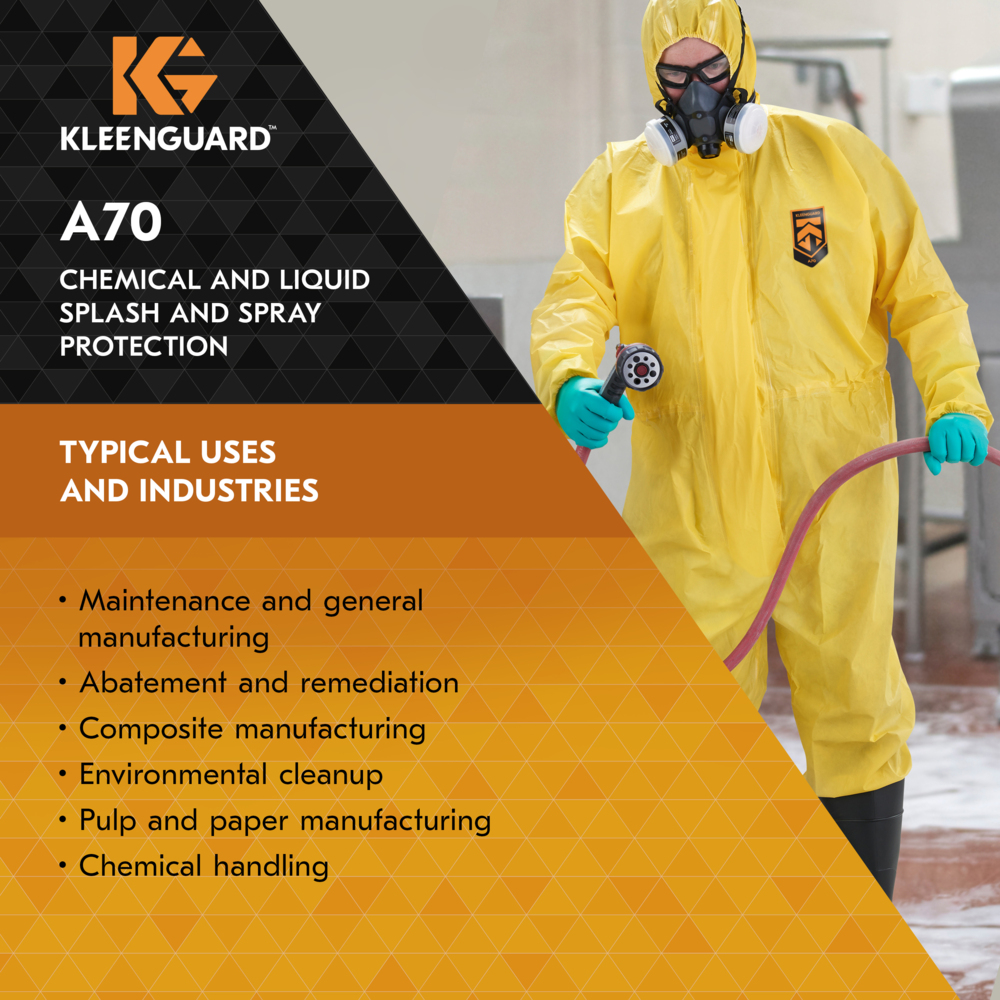 KleenGuard™ A70 Chemical Spray Protection Coveralls (00683), Zipper Front, Storm Flap, Elastic Wrists, Ankles, Hood & Boots, Yellow, Reflex Design, Large (Qty 12) - 00683