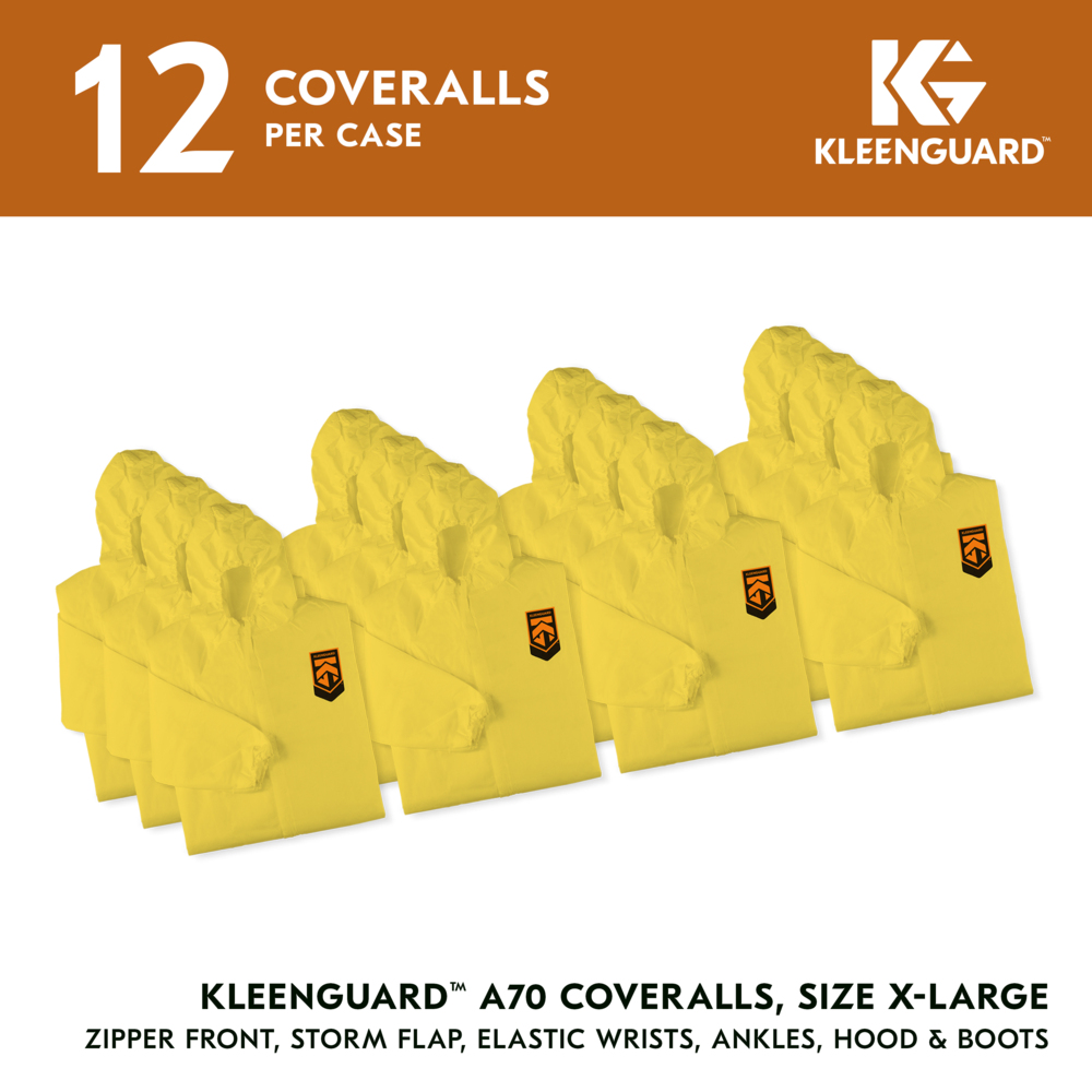 KleenGuard™ A70 Chemical Spray Protection Coveralls (00684), Zipper Front, Storm Flap, Elastic Wrists, Ankles, Hood & Boots, Yellow, Reflex Design, XL (Qty 12) - 00684