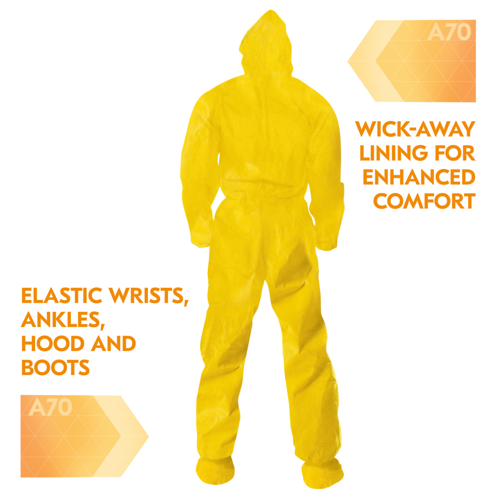 KleenGuard™ A70 Chemical Spray Protection Coveralls (00687), Zipper Front, Storm Flap, Elastic Wrists, Ankles, Hood & Boots, Yellow, Reflex Design, 4XL (Qty 12) - 00687