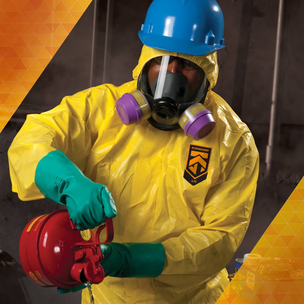 KleenGuard™ A70 Chemical Spray Protection Coveralls (00687), Zipper Front, Storm Flap, Elastic Wrists, Ankles, Hood & Boots, Yellow, Reflex Design, 4XL (Qty 12) - 00687