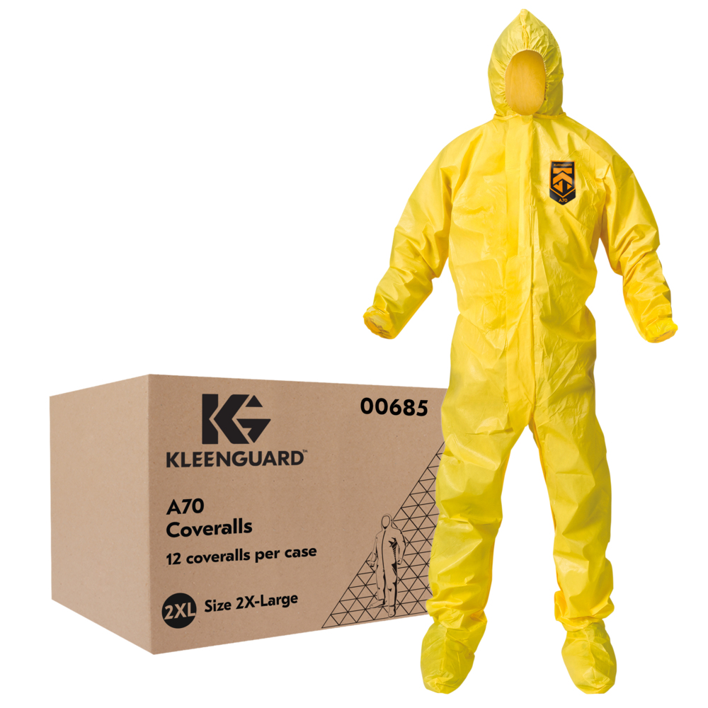 KleenGuard™ A70 Chemical Spray Protection Coveralls (00685), Zipper Front, Storm Flap, Elastic Wrists, Ankles, Hood & Boots, Yellow, Reflex Design, 2XL (Qty 12) - 00685