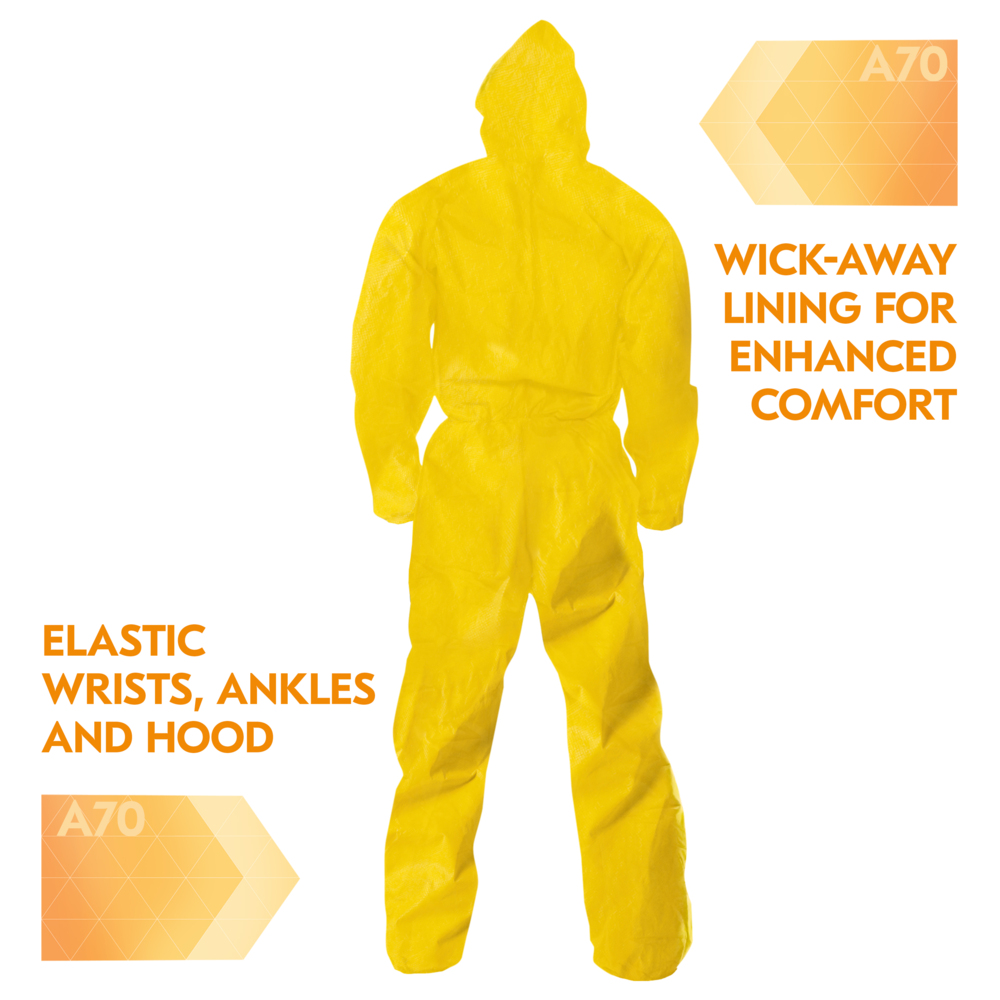 KleenGuard™ A70 Chemical Spray Protection Coveralls (09814), Zipper Front, Storm Flap, Elastic Wrists, Ankles & Hood, Yellow, Reflex Design, XL (Qty 12) - 09814