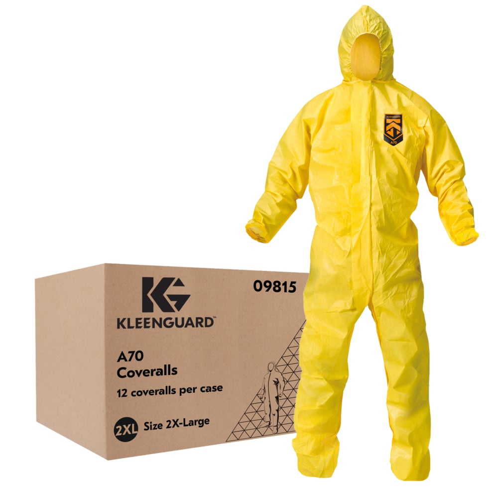 KleenGuard™ A70 Chemical Spray Protection Coveralls (09815), Zipper Front, Storm Flap, Elastic Wrists, Ankles & Hood, Yellow, Reflex Design, 2XL (Qty 12) - 09815