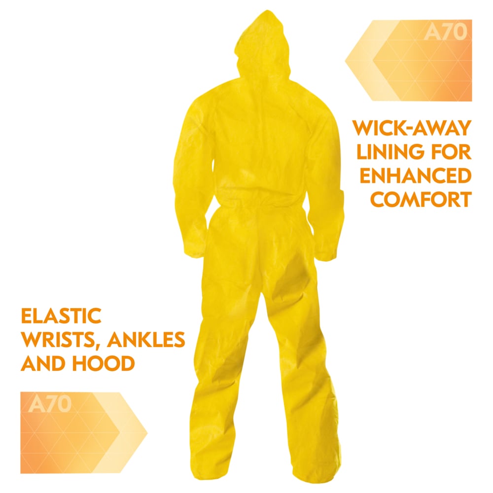 KleenGuard™ A70 Chemical Spray Protection Coveralls (09817), Zipper Front, Storm Flap, Elastic Wrists, Ankles & Hood, Yellow, Reflex Design, 4XL (Qty 12) - 09817