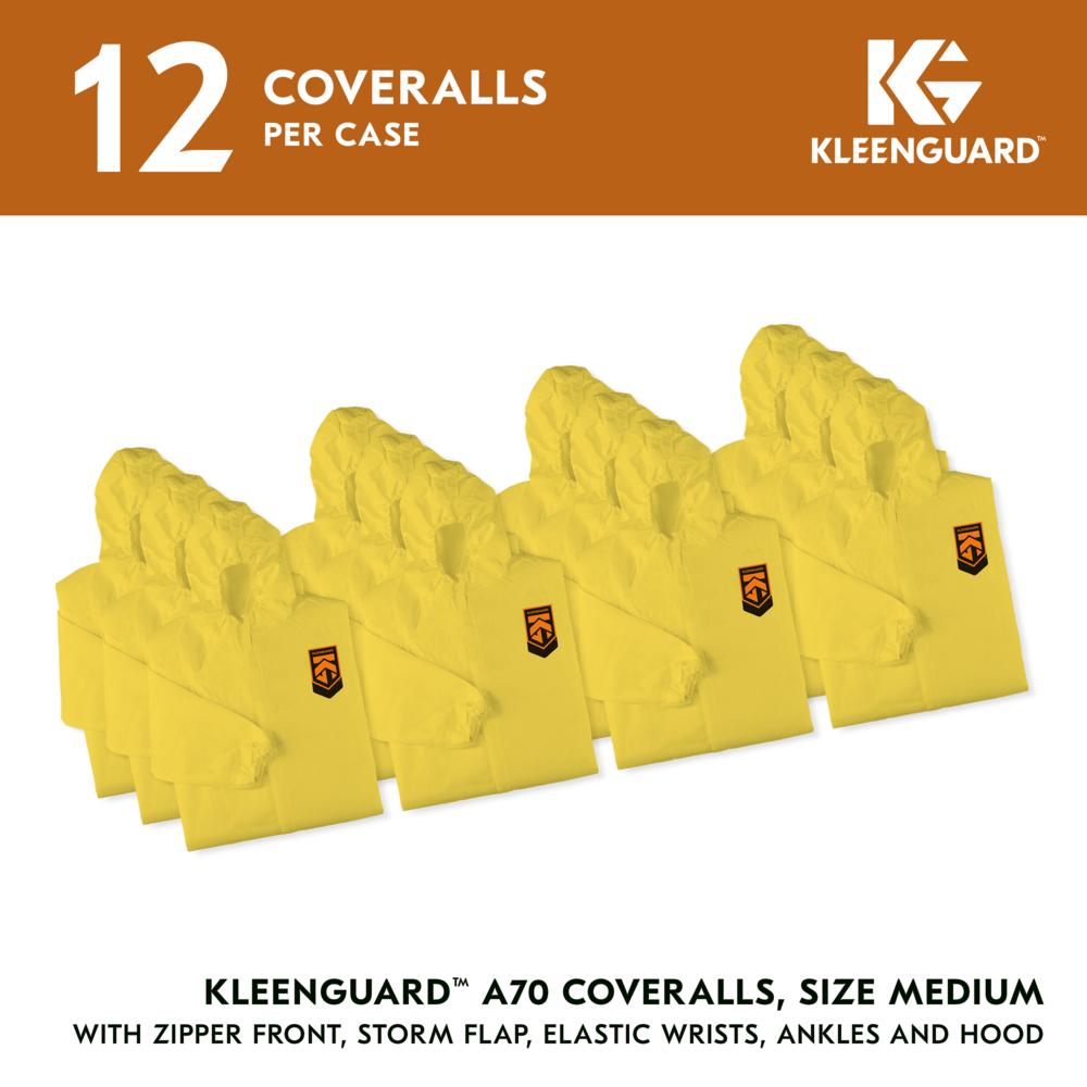 KleenGuard™ A70 Chemical Spray Protection Coveralls (09812), Zipper Front, Storm Flap, Elastic Wrists, Ankles & Hood, Yellow, Reflex Design, Medium (Qty 12) - 09812