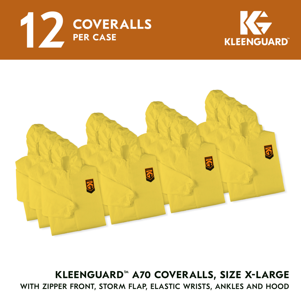 KleenGuard™ A70 Chemical Spray Protection Coveralls (09814), Zipper Front, Storm Flap, Elastic Wrists, Ankles & Hood, Yellow, Reflex Design, XL (Qty 12) - 09814