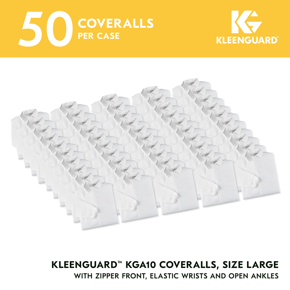 KleenGuard™ KGA10 Lightweight Coveralls for Non-Hazardous Particulate Protection (67303), Zipper Front, Elastic Wrists, Open Ankles, White, Large (Qty 50) - 67303