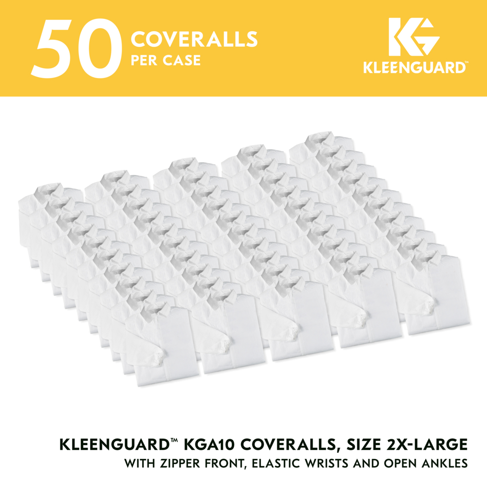 KleenGuard™ KGA10 Lightweight Coveralls for Non-Hazardous Particulate Protection (67305), Zipper Front, Elastic Wrists, Open Ankles, White, 2XL (Qty 50) - 67305