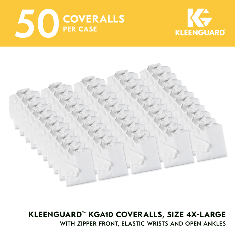 KleenGuard™ KGA10 Lightweight Coveralls for Non-Hazardous Particulate Protection (67307), Zipper Front, Elastic Wrists, Open Ankles, White, 4XL (Qty 50) - 67307