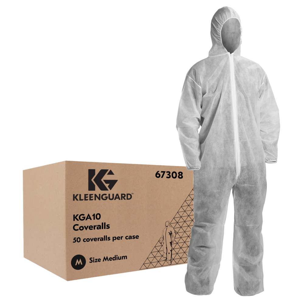 Combinaisons légères KleenGuard™ KGA10 pour la protection contre les particules non dangereuses (67308), fermeture éclair à l’avant, bande élastique aux poignets, bande élastique aux chevilles, avec capuchon, blanches, moyennes (qté 50) - 67308